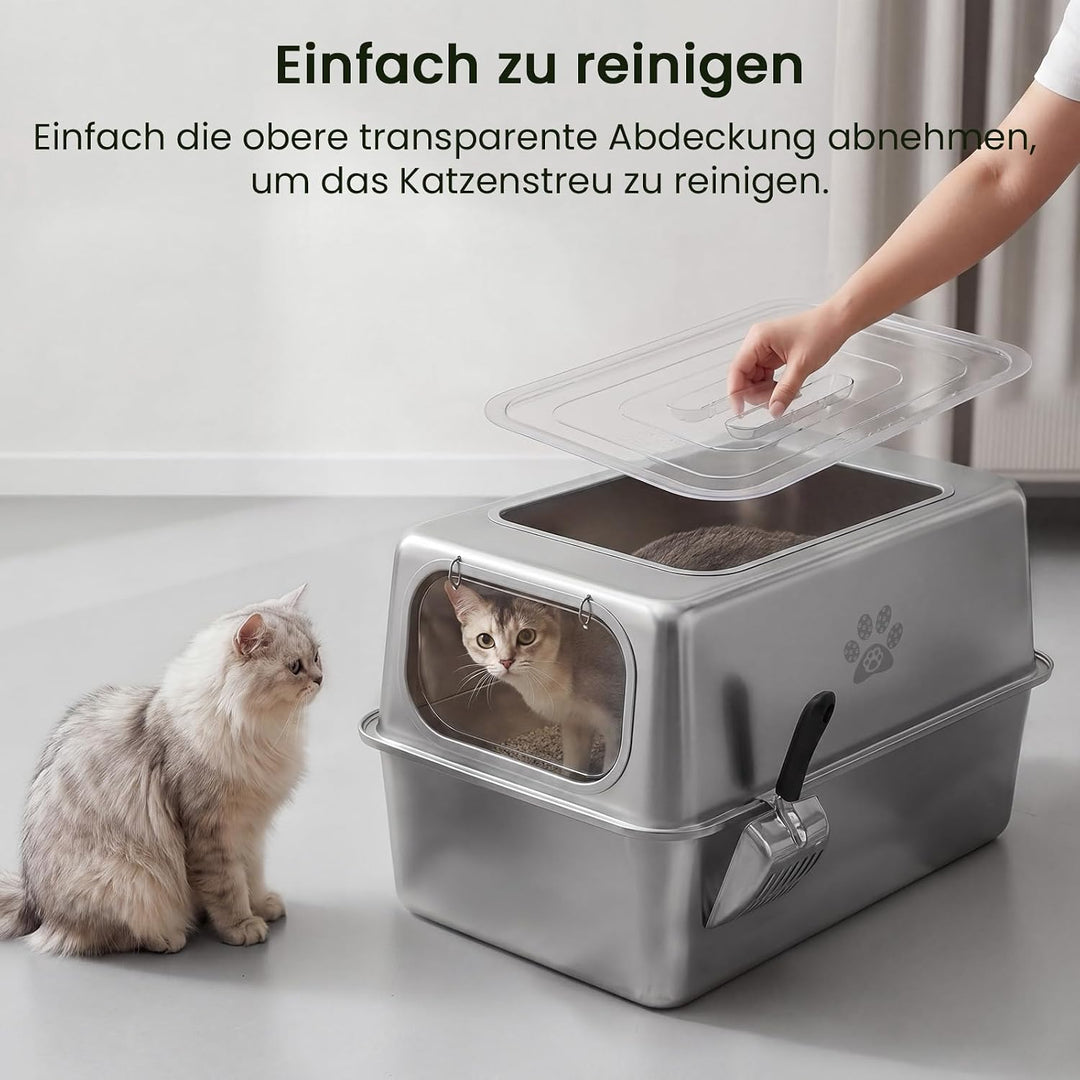 PTLOM XXL Katzenklo Edelstahl, Auslaufsicheres Katzenklo mit Deckel, grossem Metall-Streubehälter, G