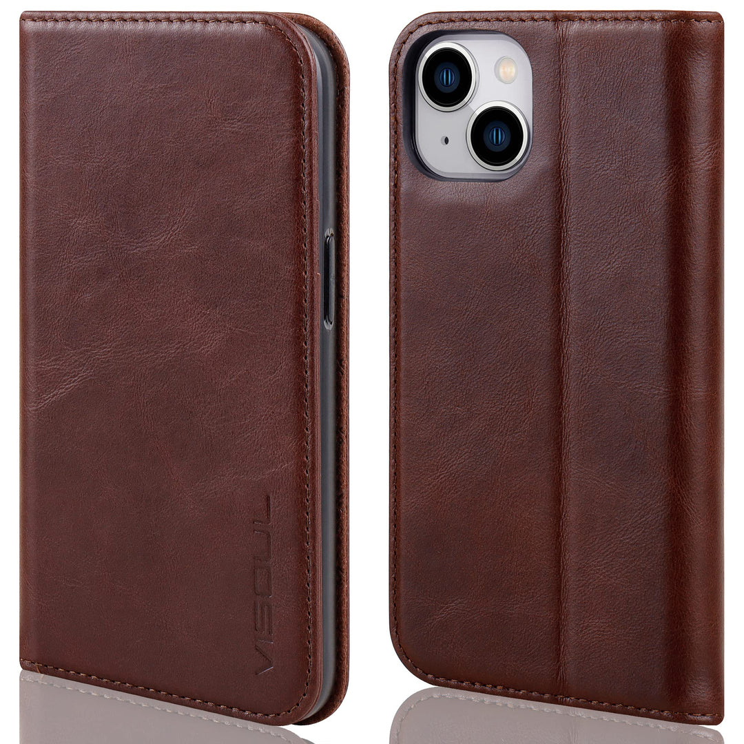 VISOUL iPhone 14 Plus Hülle, Stossfeste Handyhülle [Erstklassiges Rindsleder], TPU Schutzhülle [Kart