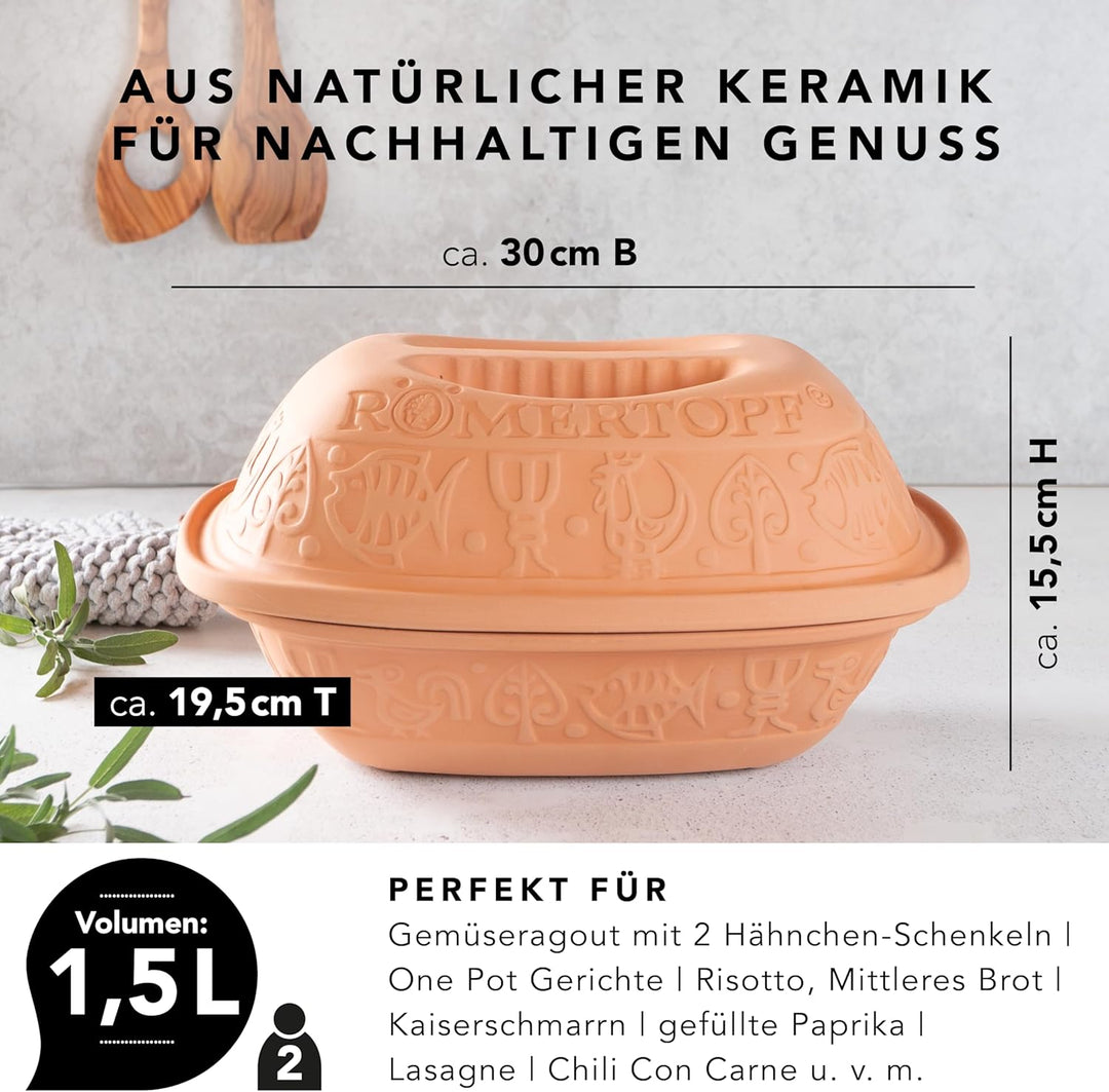Römertopf Bräter Klassiker Keramik Dampfgarer aus Naturton für bis zu 2 Personen 1,5 Liter 1.5 Liter