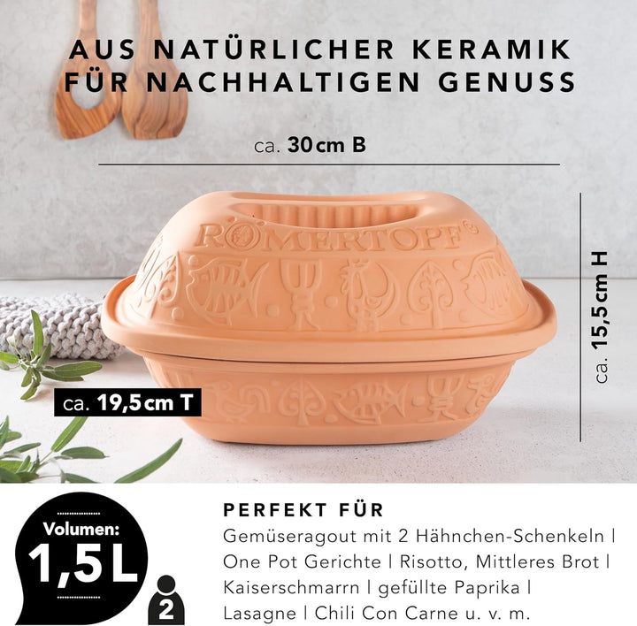 Römertopf Bräter Klassiker Keramik Dampfgarer aus Naturton für bis zu 2 Personen 1,5 Liter 1.5 Liter