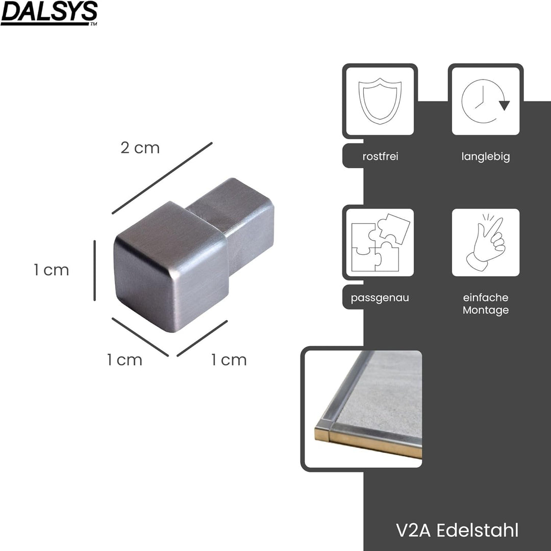 Dalsys 5x Endstück für Fliesenschiene 10mm Quadratprofil Edelstahl Gebürstet, Fliesenprofil Höhe 10m