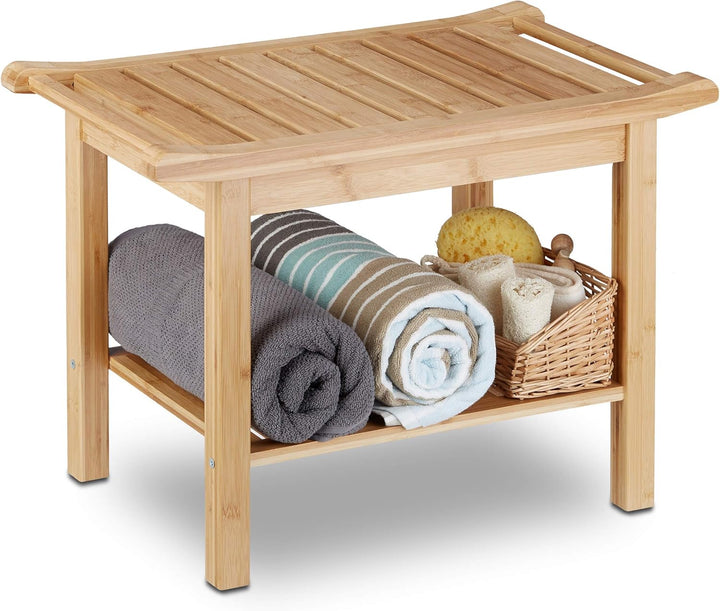 Relaxdays Badezimmer Bank Bambus, Sitzbank Bad, Ablage Badhocker Holz, HxBxT: 45 x 66 x 40 cm, Badez