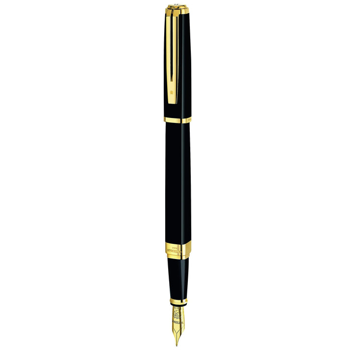 Waterman Exception Fountain Pen, Slim Black with 23k Gold Clip, Fine Nib with Blue Ink Cartridge, Gi
