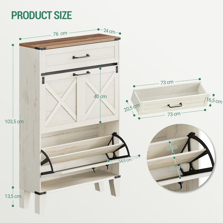 Hzuaneri Schuhschrank mit 2 Klappen, Schuhregal Schuhkipper Schmal, 1 Grosse Schublade, Verstellbar,