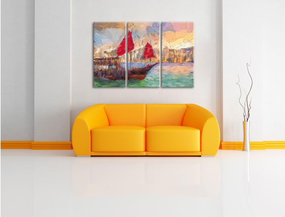 Pixxprint Segelschiff mit Segeln 3Teiler 120x80 cm Leinwandbild Wandbild Kunstdruck
