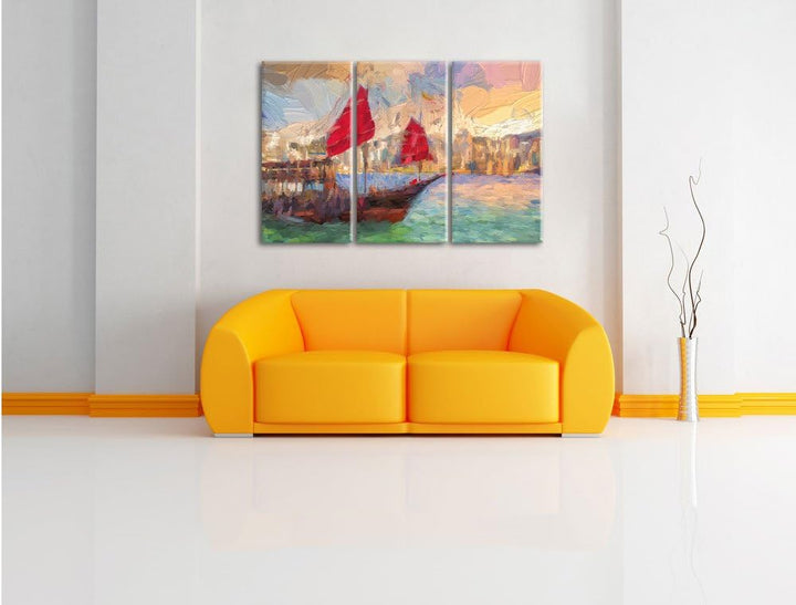 Pixxprint Segelschiff mit Segeln 3Teiler 120x80 cm Leinwandbild Wandbild Kunstdruck