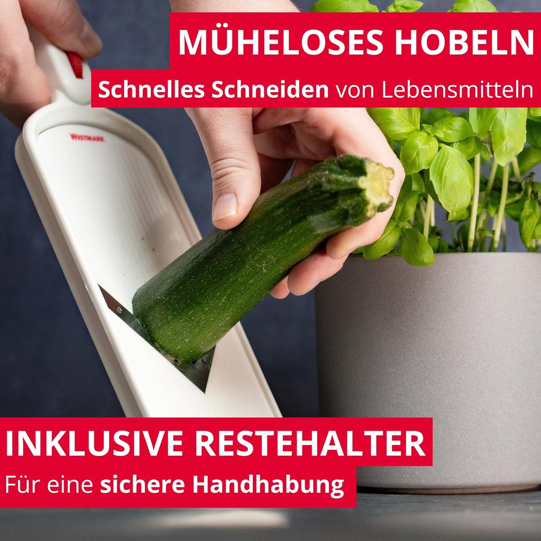 Westmark Gemüseschneider mit verstellbarer Schnittstärke, V-förmige Edelstahlklinge, mit Restehalter
