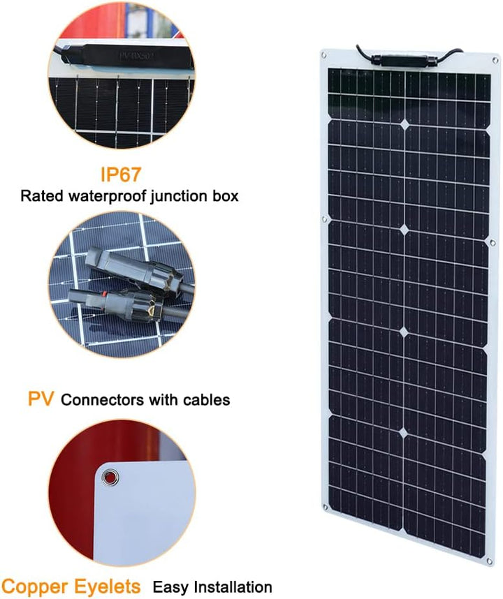 50W Solarpanel Flexibel 12V Monokristallines Solarpanel, Flexible Solarmodule mit Kabel für Wohnmobi