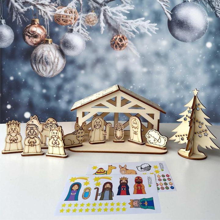FOTOFOL Bastelset Weihnachtskrippe aus Birkensperrholz mit Aufkleber - Krippe, Krippenfiguren, Weihn