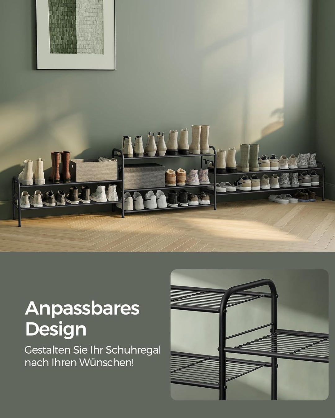 SONGMICS Schuhregal, Schuhständer mit 2 Ebenen, Metallregal mit 4 seitlichen Haken, für 10 Paar Schu