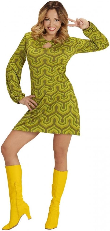 shoperama 70er Jahre Retro KLEID mit Tapetenmuster Grün Disco Damen Kostüm Siebziger 70s