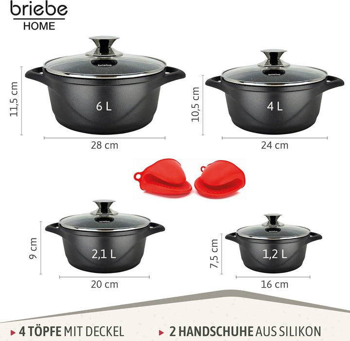 briebe Topfset Induktion 8-Teilig, Kochtopf Set 4 Töpfen aus Aluminiumguss, Antihaftbeschichtung ILA