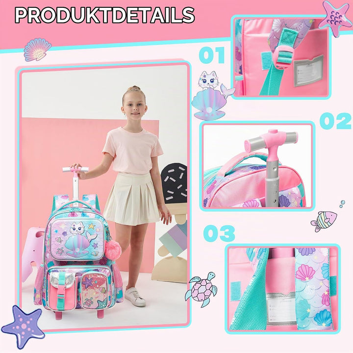 HTgroce Schulranzen Trolley Mädchen Meerjungfrau Rolling Backpack for Girls Einhorn Rucksack Mit Rol
