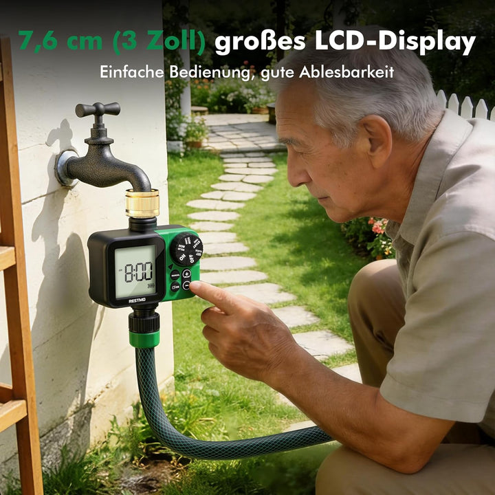 RESTMO 1-Zonen Bewässerungscomputer, Bewässerungsuhr für Garten | grosses Display, automatisch/manue