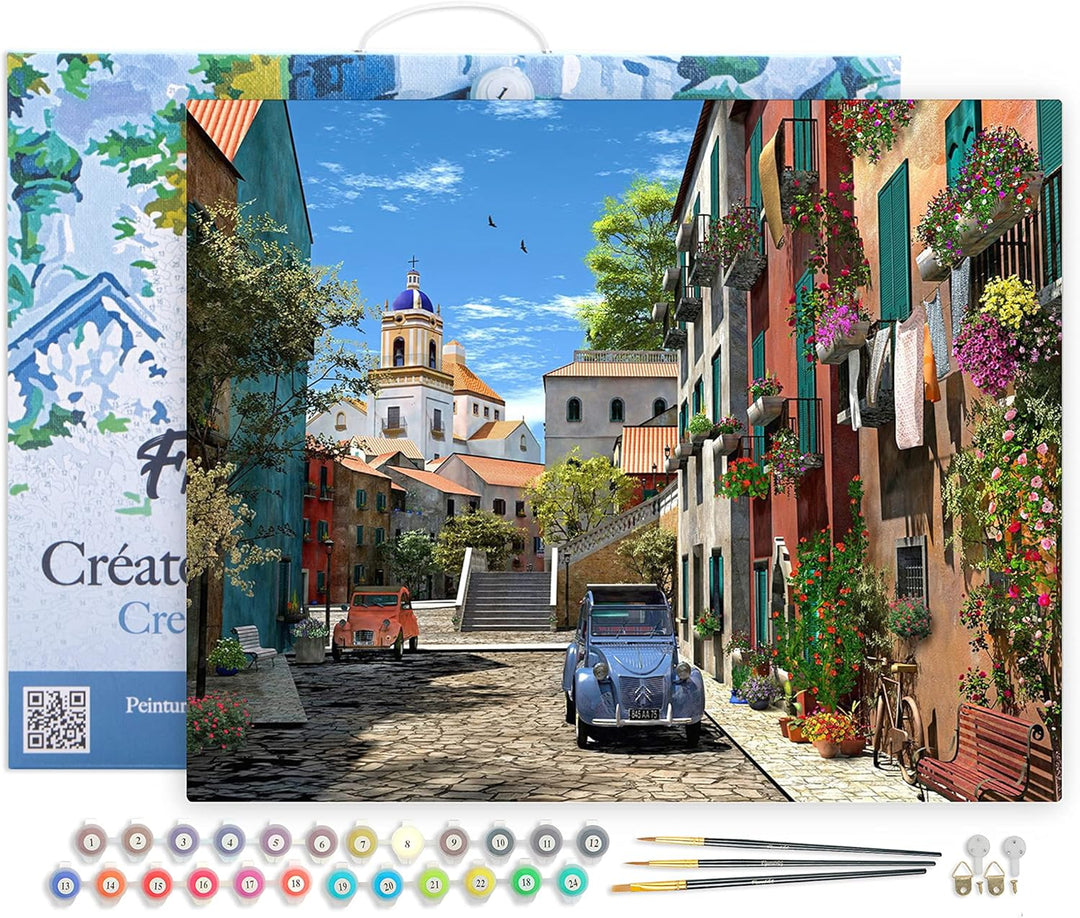 Figured'Art Malen Nach Zahlen Erwachsene Mit Rahmen Gasse mit 2CV - Paint by Numbers Basteln DIY Bas
