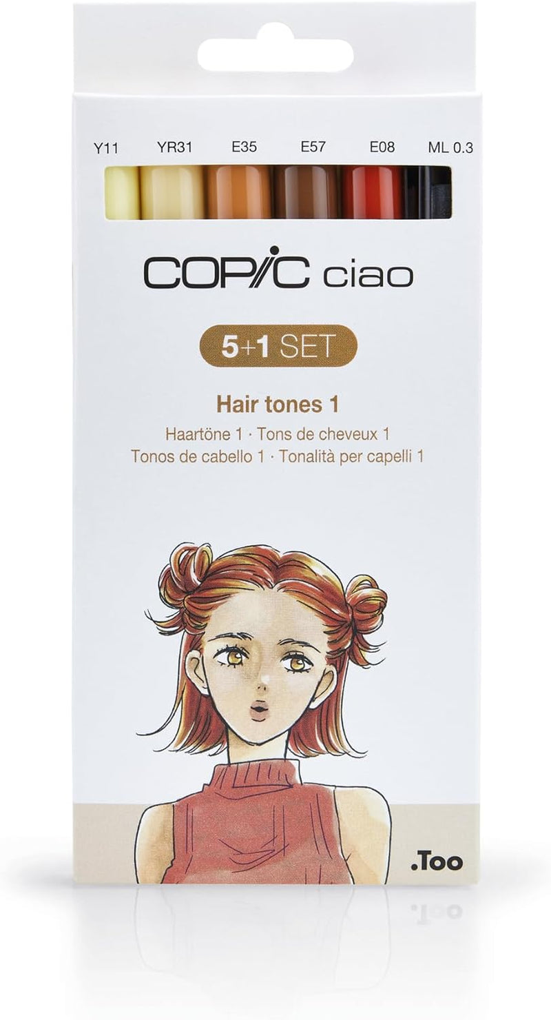 COPIC Ciao Marker Set 5+1 Hair Tones 1, Blisterpackung mit 5 Markern + 1 Multiliner 0,3 mm, für Skiz