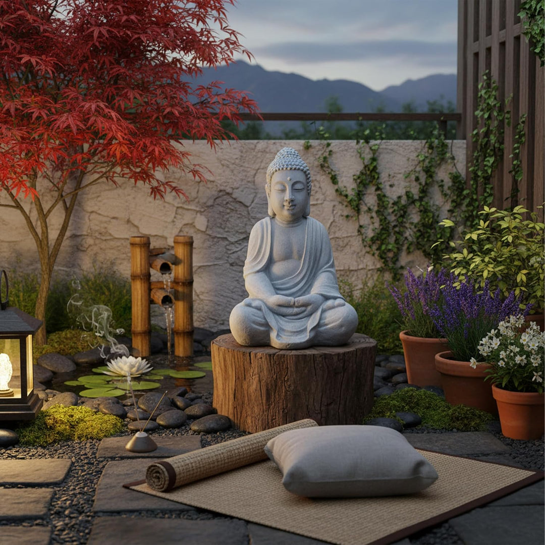 Relaxdays Buddha Figur sitzend, XL 70 cm, Gartenfigur, Vintage Dekofigur Wohnzimmer, wetterfest, fro
