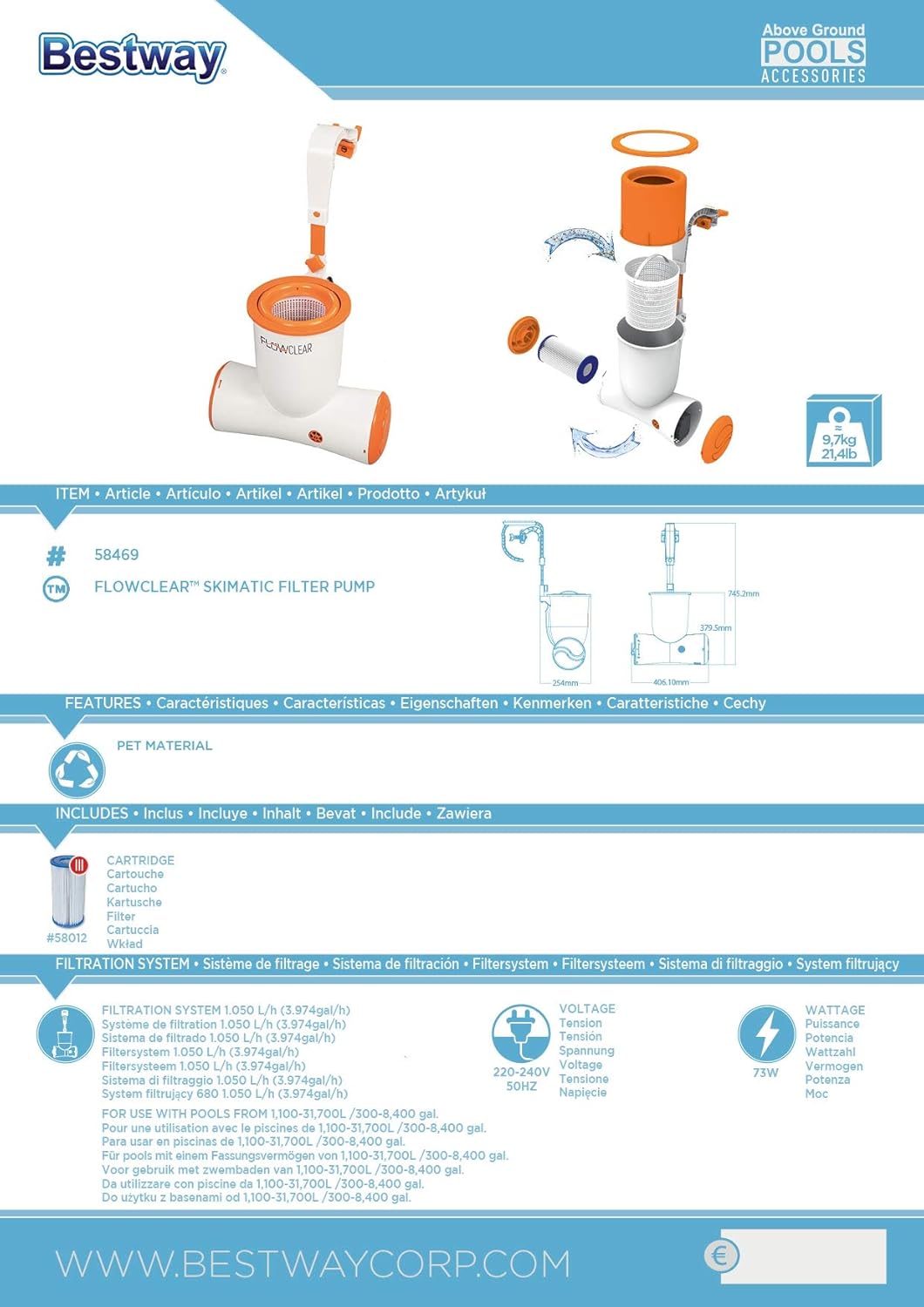 Bestway Flowclear™ Skimatic™ 2-in-1 Einhängeskimmer/Filterpumpen-Kombination 3.974 l/h
