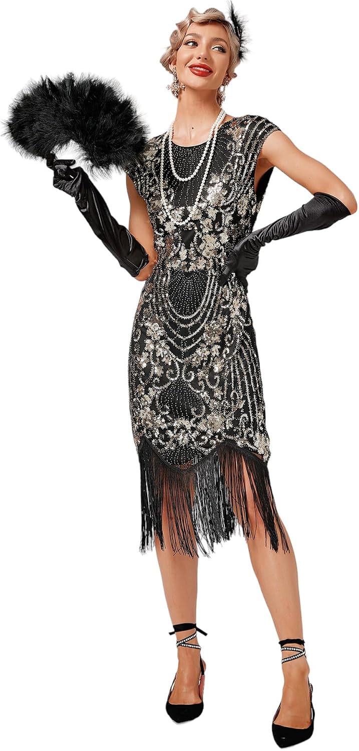 VILOREE 1920s Kleid Damen Flapper Charleston Kleid Gatsby Pailletten Cocktail Abschlussballkleid Par