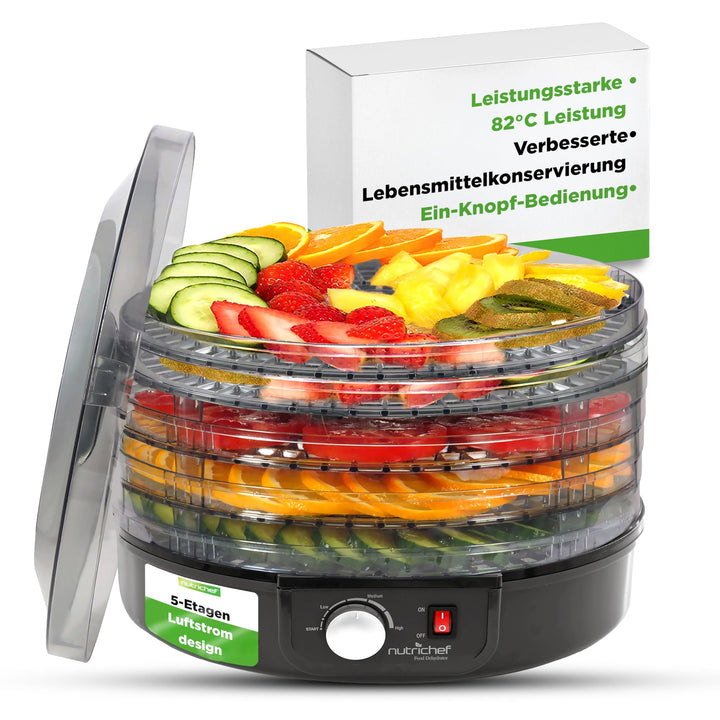Nutrichef Dörrautomat 5 Einschübe – Schwarz BPA-freies Dörrgerät für Fleisch, Obst, Pilze & Gemüse,