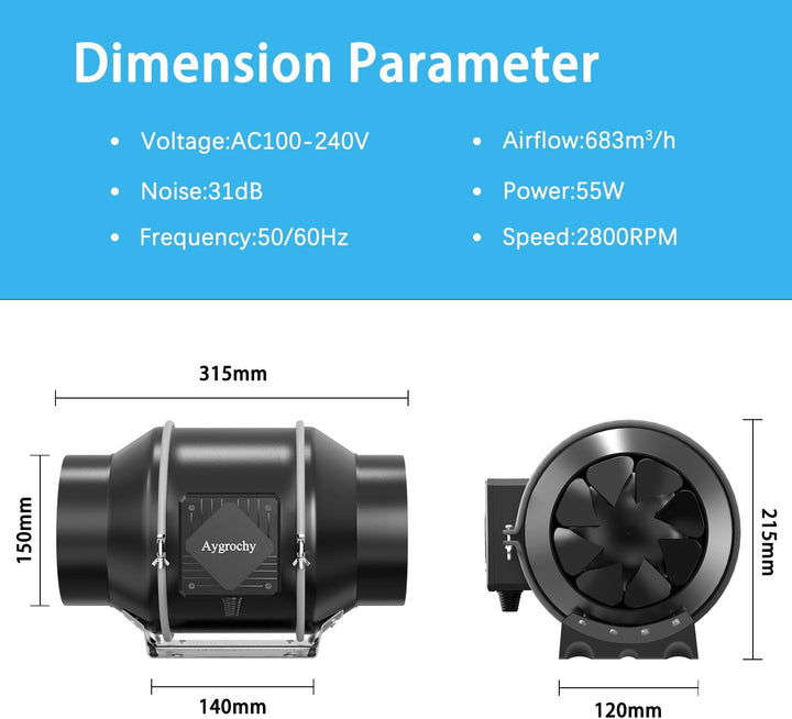 Aygrochy Rohrventilator 150mm Smarte Plug Feuchtigkeitssensor für Grow-Zelt | Rohrlüfter (683 m³/h)