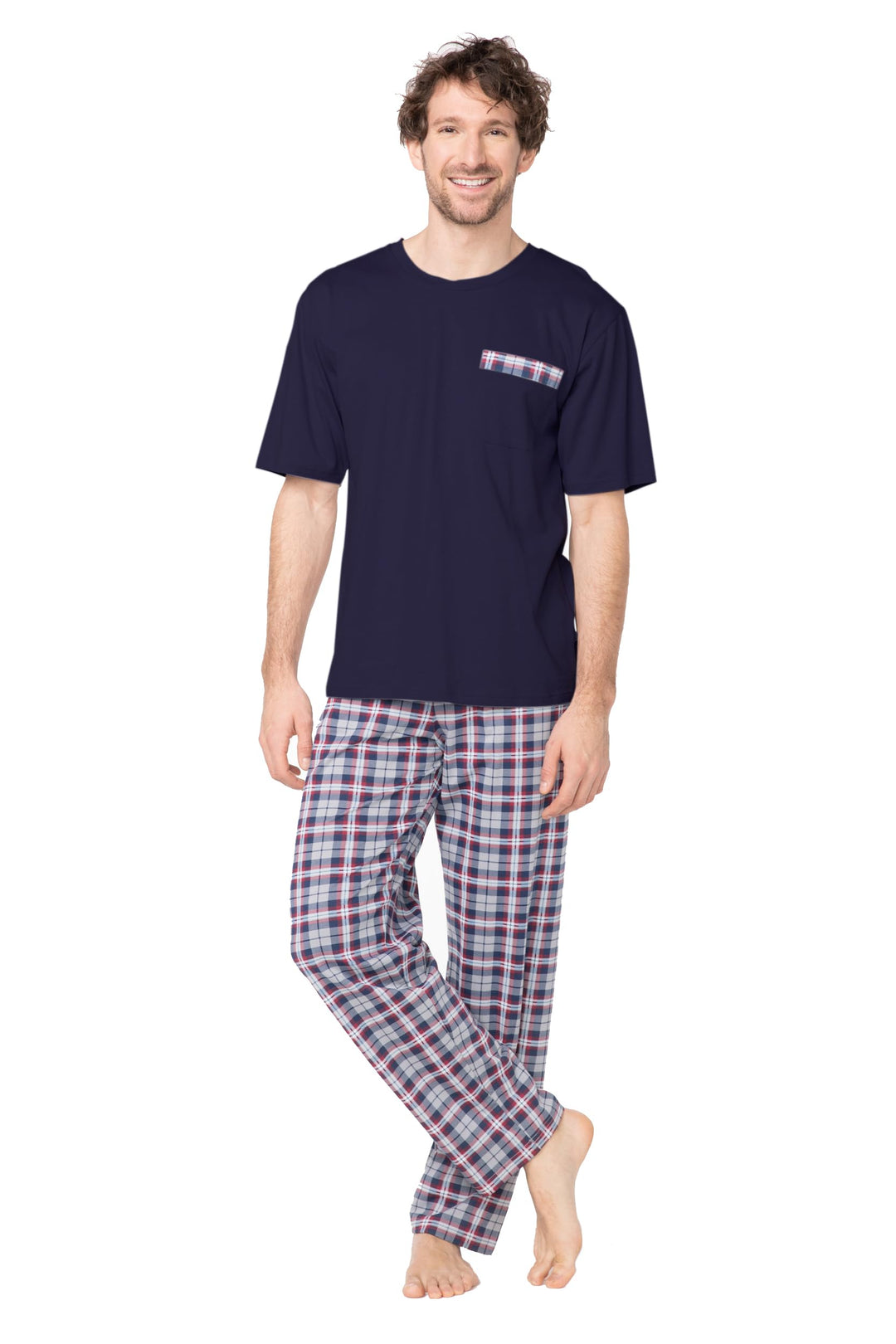 e.VIP® Herren Schlafanzug Chris SL 328A aus 100% Baumwolle S Marine/Weinrot, S Marine/Weinrot