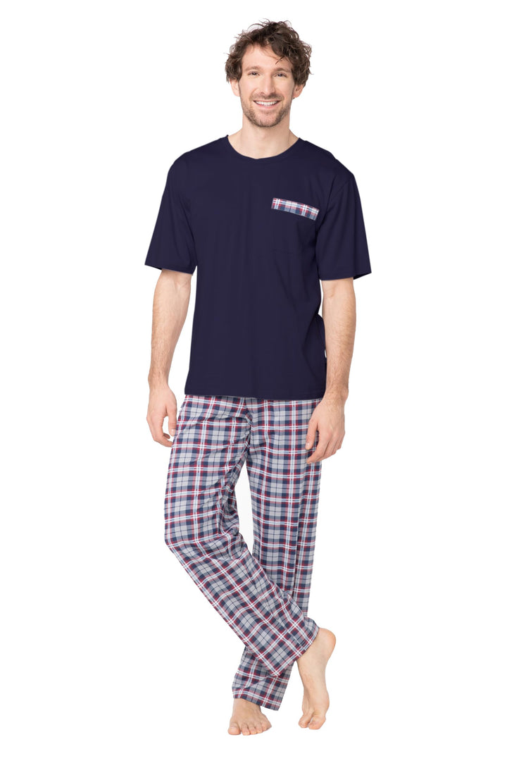 e.VIP® Herren Schlafanzug Chris SL 328A aus 100% Baumwolle S Marine/Weinrot, S Marine/Weinrot