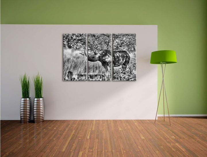 Pixxprint Nashorn in der Savanne als Leinwandbild/Grösse: 3 Teilig (120x80) cm/Wandbild/Kunstdruck/f