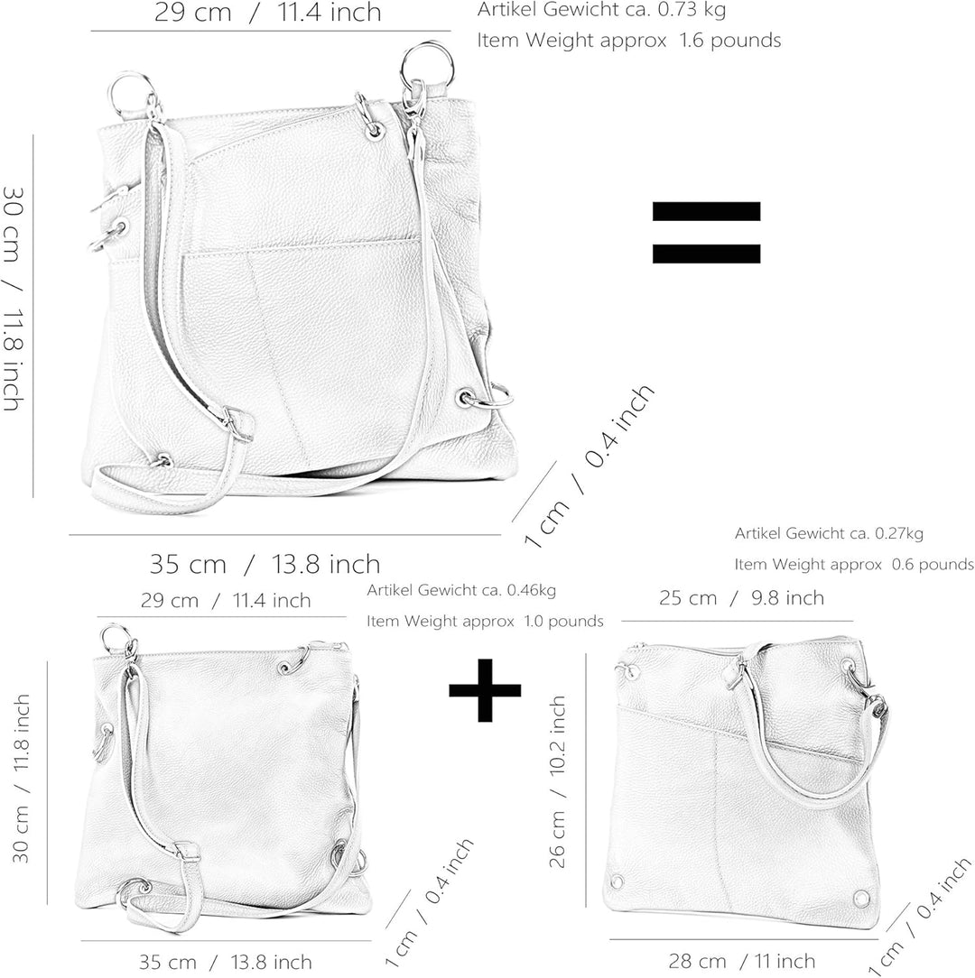 modamoda de - T140 - ital Messengertasche Umhängetasche 2in1 Leder Weiss/Rosa, Weiss/Rosa