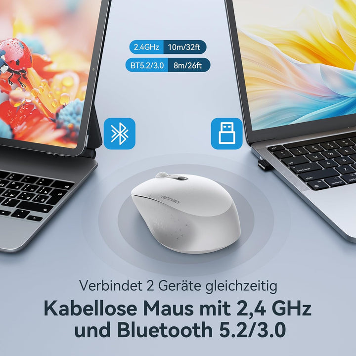TECKNET Classic Kabellose Maus, Silent Bluetooth Maus (Tri-Modus BT5.2/3.0+2.4G), Wiederaufladbar Er