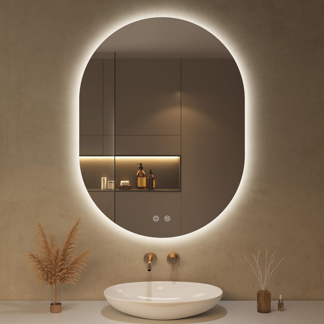 Spiegel mit Beleuchtung Oval LED Badspiegel 60 x 80 cm mit Touch-Schalter, Dimmbar 3 Lichtfarbe Eins