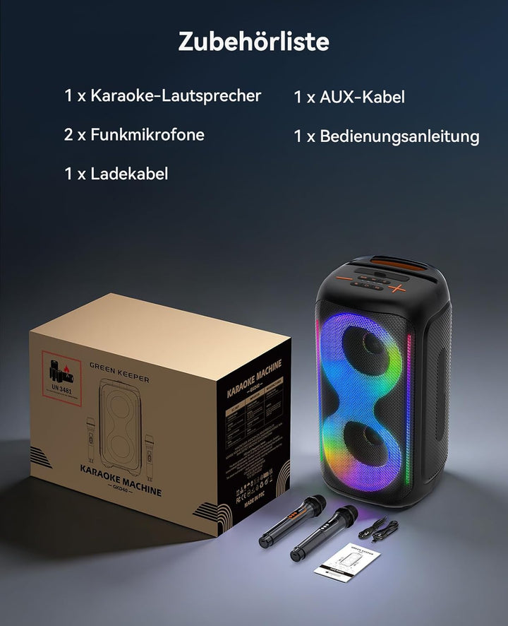 GKD40 Tragbare Karaoke-Maschine für Erwachsene, Bluetooth-Lautsprecher mit PA-System, 2 kabellose Mi