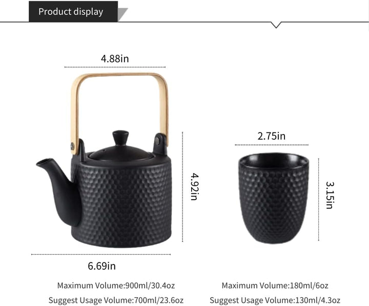 Japanisches Teeservice Keramik Schwarz, Vintage Porzellan Teeset mit Sieb, 900ML Porzellan Teekanne
