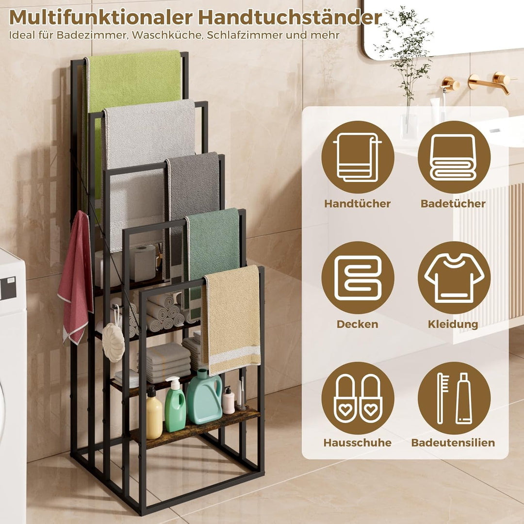 Handtuchständer, Handtuchhalter Stehend mit 5 Handtuchstangen, 4 Ablagen, 4 Haken, Freistehender Bad