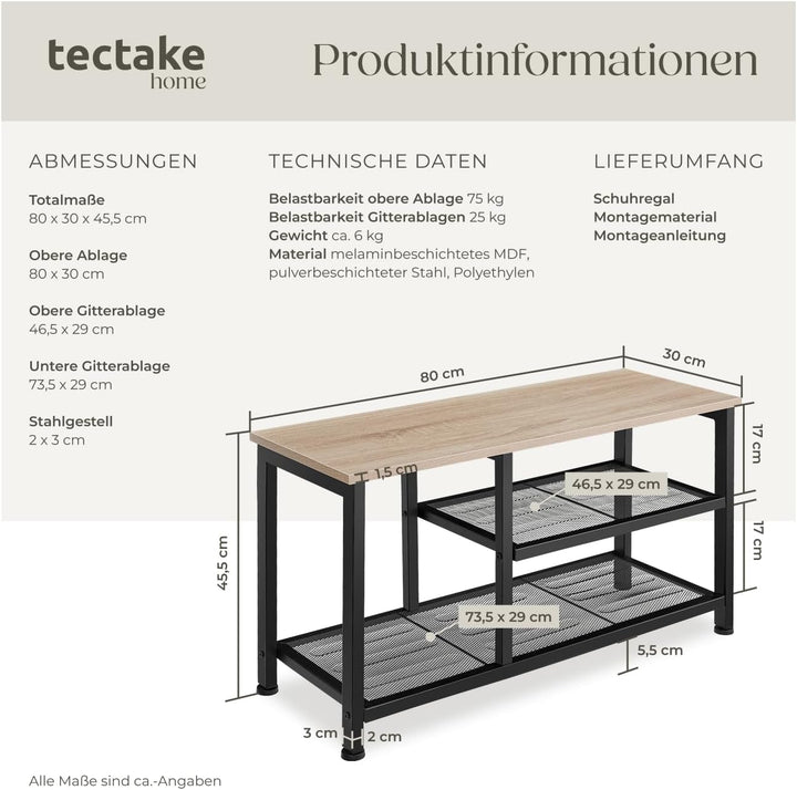 tectake® Schuhregal schmal mit Sitzfläche, Schuhbank 3 Ebenen, 2 Gitterablagen, Schuhregal platzspar