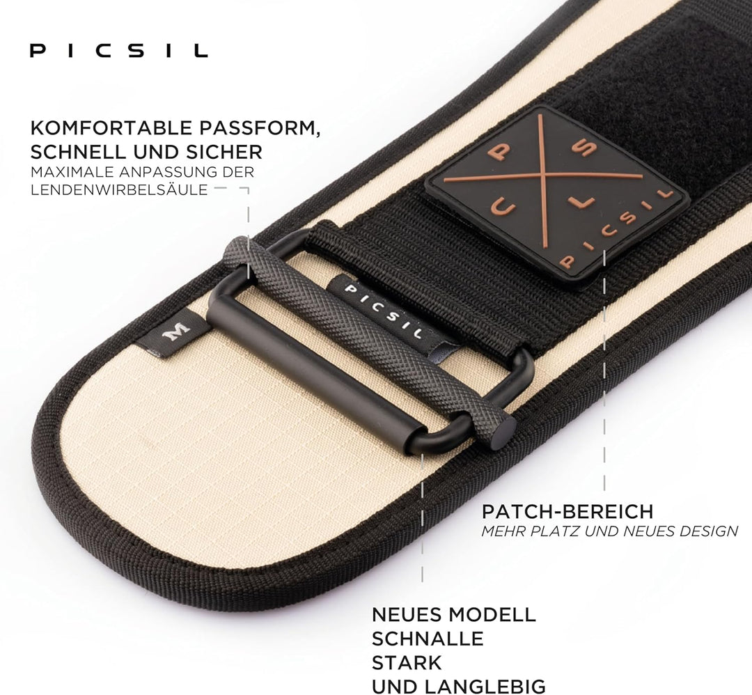 PICSIL - Gewichthebergürtel, Lendenwirbelstütze für Reissen & Stossen, Wettkampfgenehmigt mit Schnal