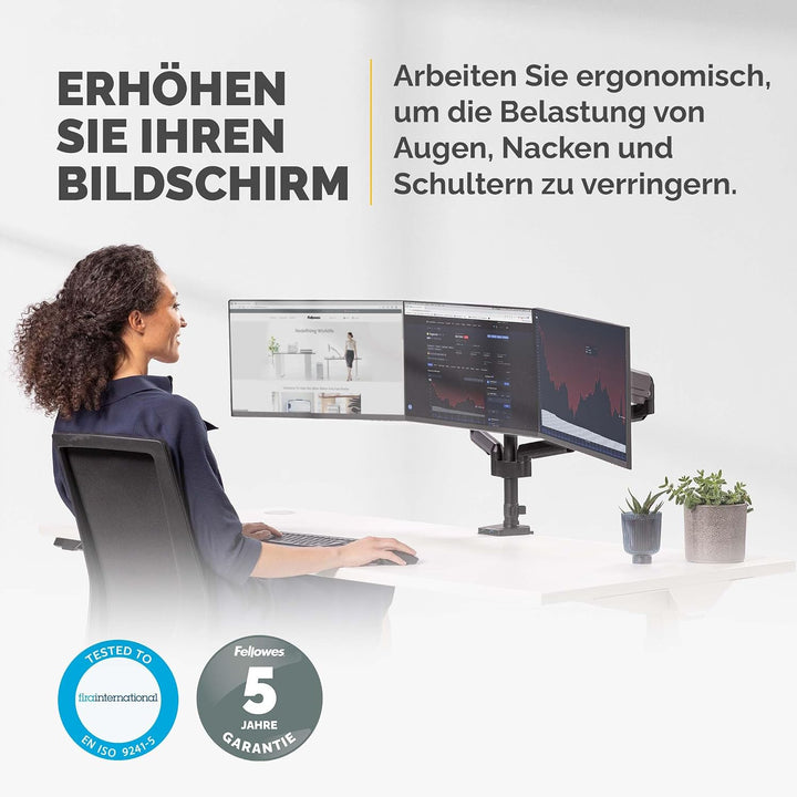 Fellowes Monitor Halterung für 3 Monitore bis je 27 Zoll (68,5 cm) - Platinum Series Monitor Arm mit
