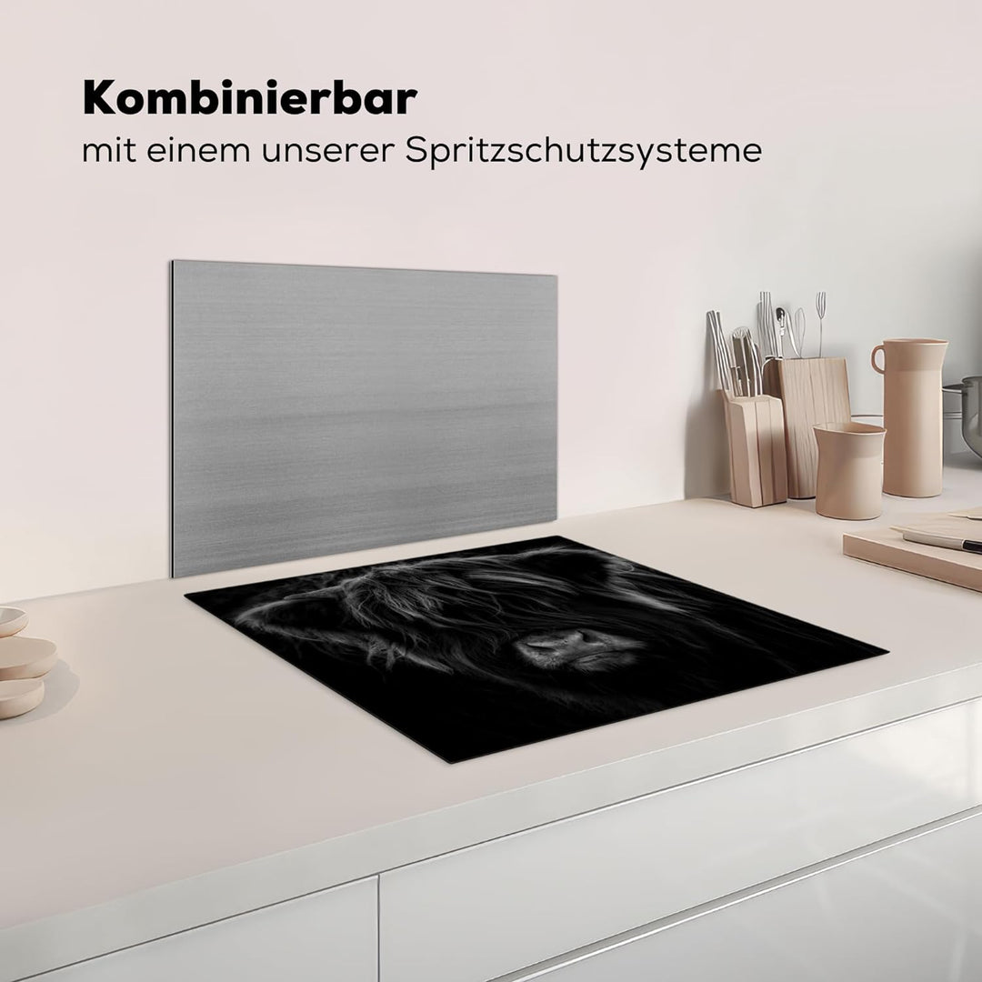 MuchoWow Herdabdeckplatte Ceranfeld Spritzschutz Küche Schottischer Highlander - Kuh - Schwarz - Wei