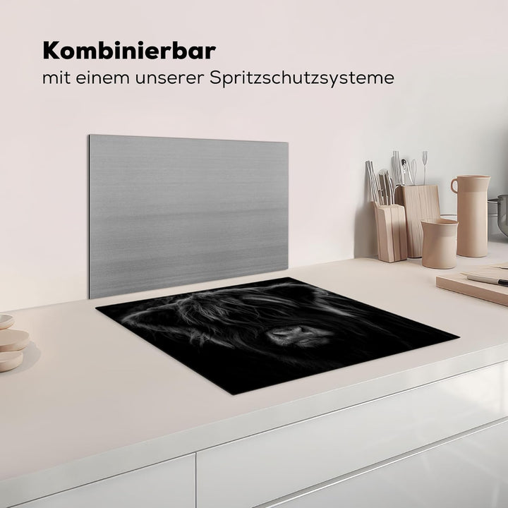 MuchoWow Herdabdeckplatte Ceranfeld Spritzschutz Küche Schottischer Highlander - Kuh - Schwarz - Wei