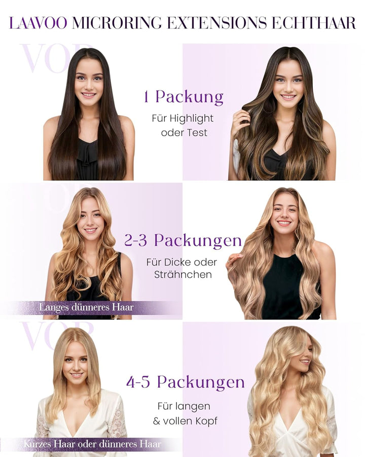 LaaVoo Microring Echthaar Extensions Ombre Dunkelstes Braun bis Mittelbraun mit Aschblond Micro Loop