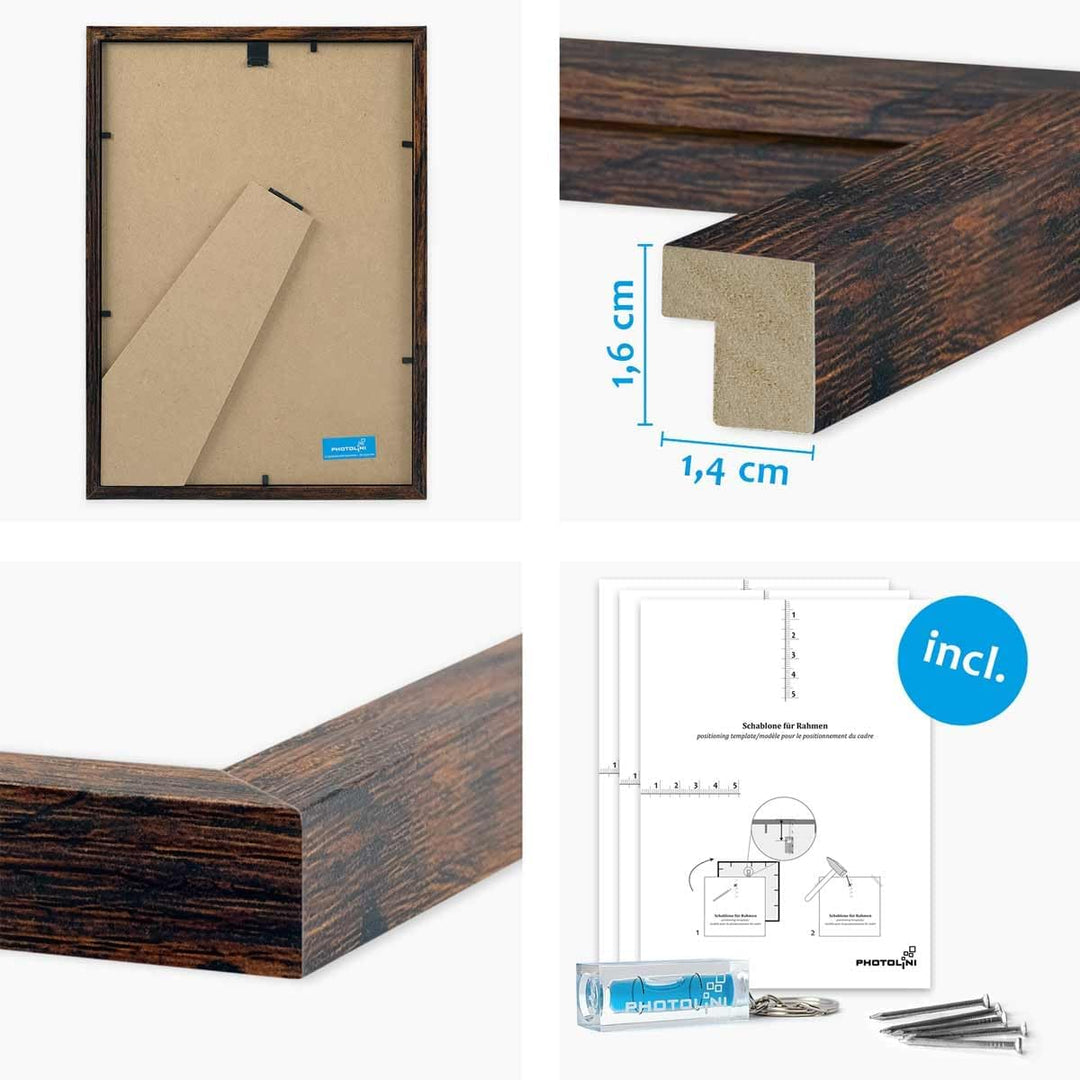 PHOTOLINI Bilderrahmen A4 Holz MDF Eiche Dunkel, 6er Set DIN A4 Bilderrahmen 21x30 cm mit Passeparto