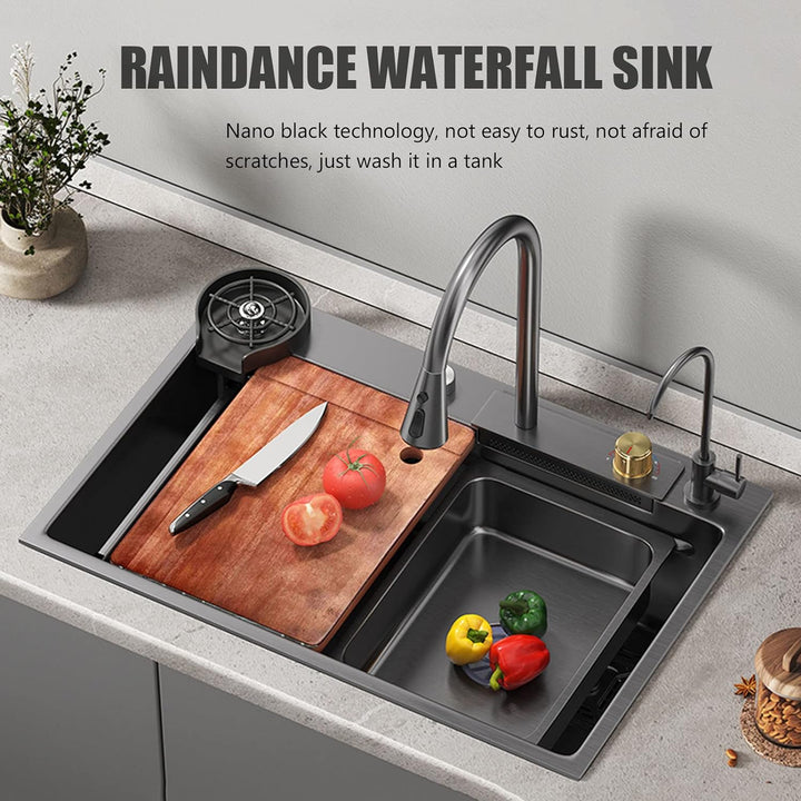 Küchenspüle Schwarz Raindance Wasserfall Edelstahl Einbauspüle Einschalen-Küchenspüle mit Wasserhahn