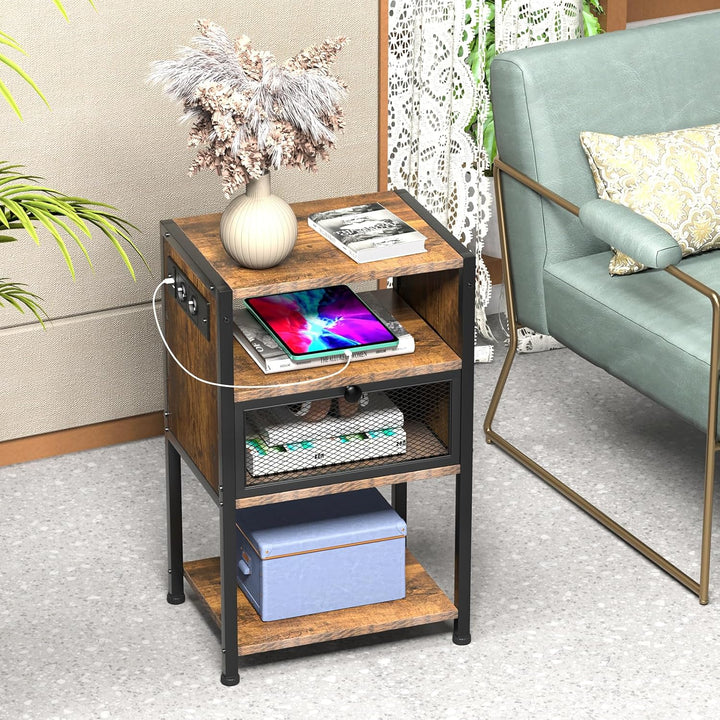 PIPIPOXER Nachttisch mit Steckdose, Nachttisch mit USB Anschlüssen und Steckdosen, Flip Top Beistell