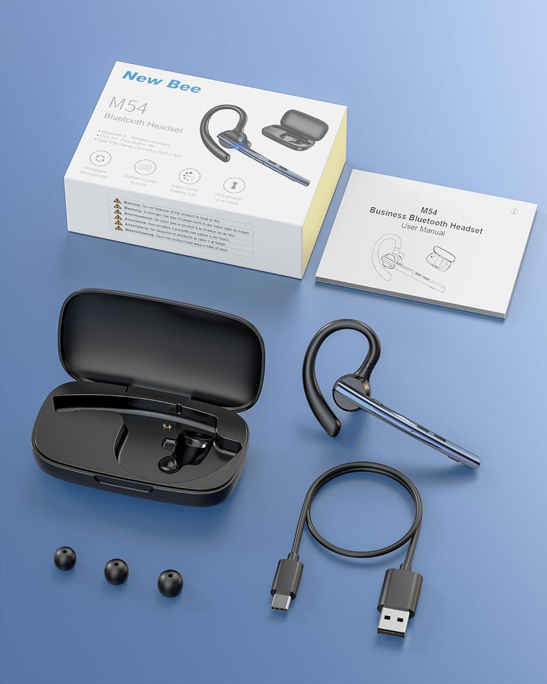 New Bee Bluetooth Headset mit 72h Spielzeit Bluetooth V5.1 Freisprech Headset Handy mit LED Ladecase
