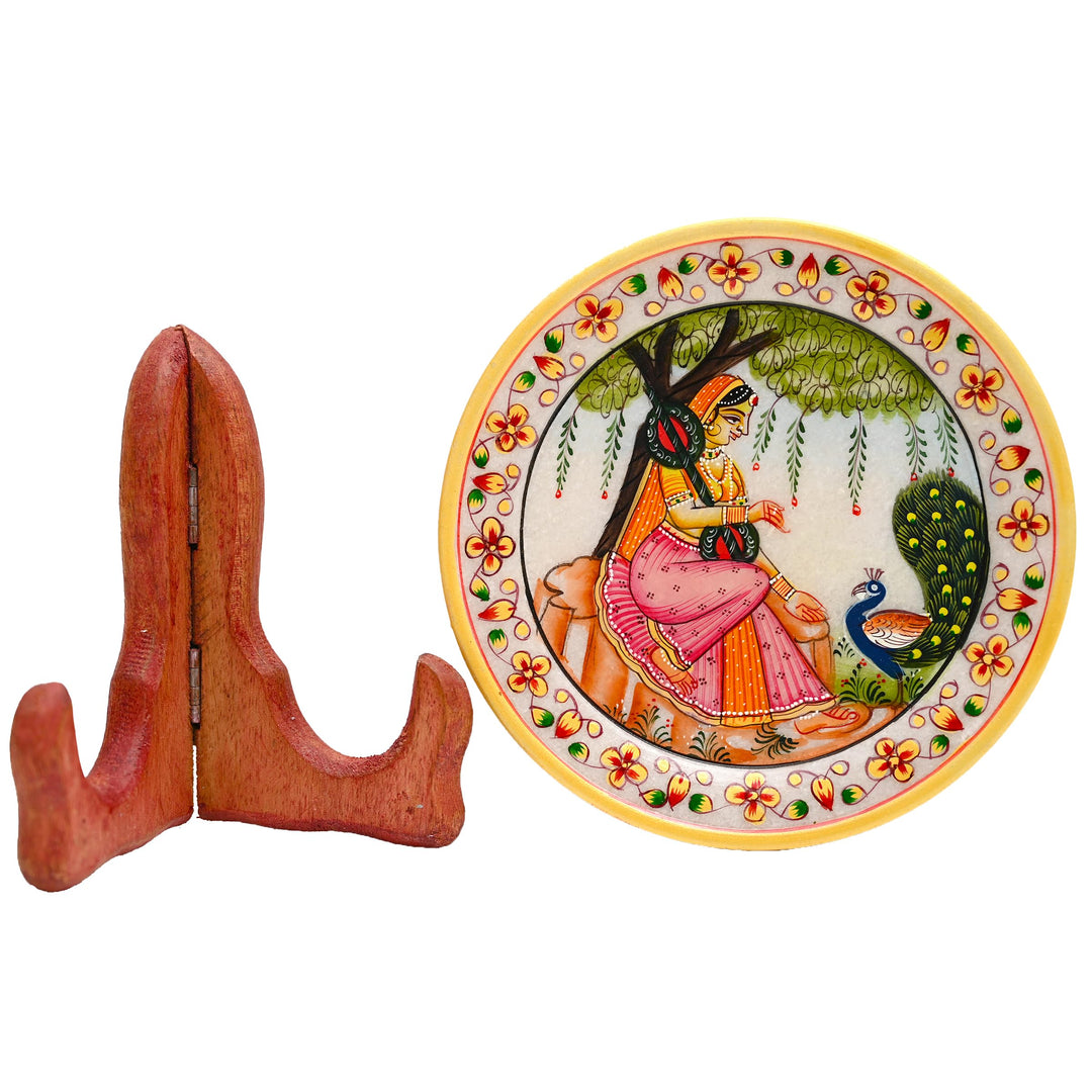 Marble Decorative Plate Traditional Indian Handpainted with Stand for Decoration Home Office Wedding