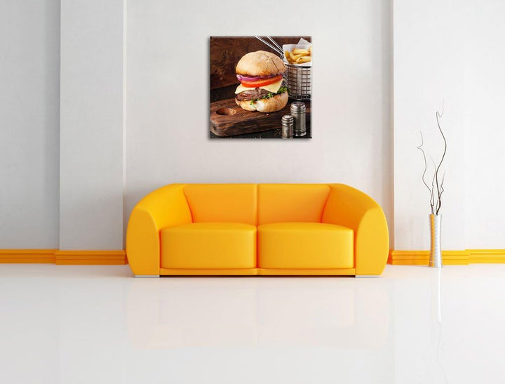 Cheesburger mit Pommes, Format: 70x70 auf Leinwand, XXL riesige Bilder fertig gerahmt mit Keilrahmen