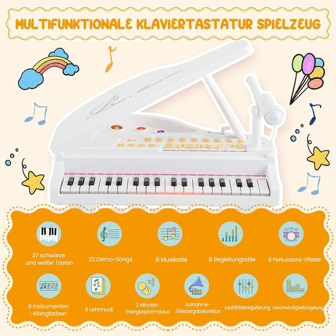 COSTWAY Kinder Keyboard mit 37 Tasten & Hocker, elektronische Klaviertastatur tragbar mit Mikrofon,