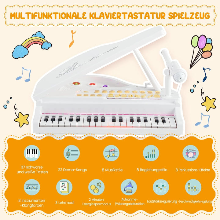 COSTWAY Kinder Keyboard mit 37 Tasten & Hocker, elektronische Klaviertastatur tragbar mit Mikrofon,