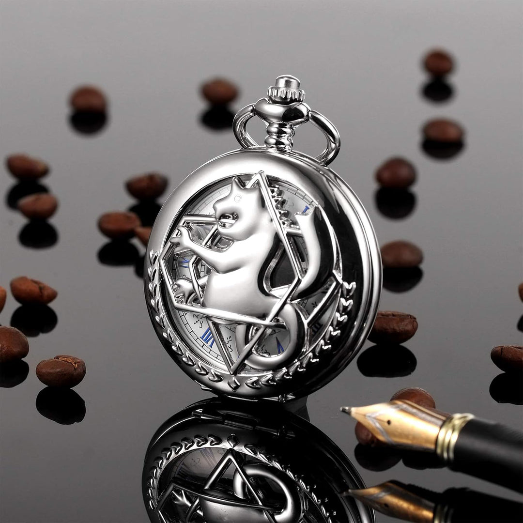 TREEWETO Fullmetal Alchemist Skeleton Steampunk Taschenuhr Mechanische Doppelabdeckung Taschenuhr mi