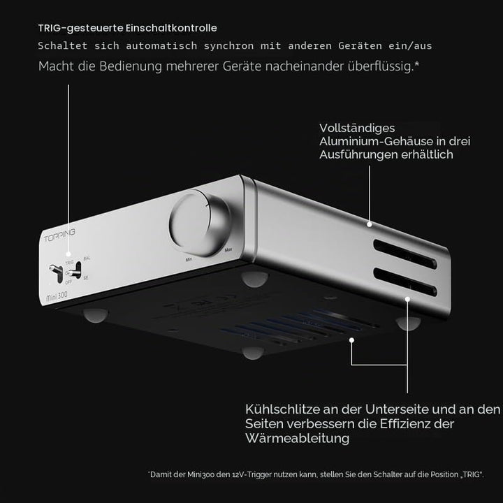 Topping Mini 300 Kompakter Desktop-Leistungsverstärker, 140 W x 2 TRS/RCA-Eingang, vollsymmetrischer